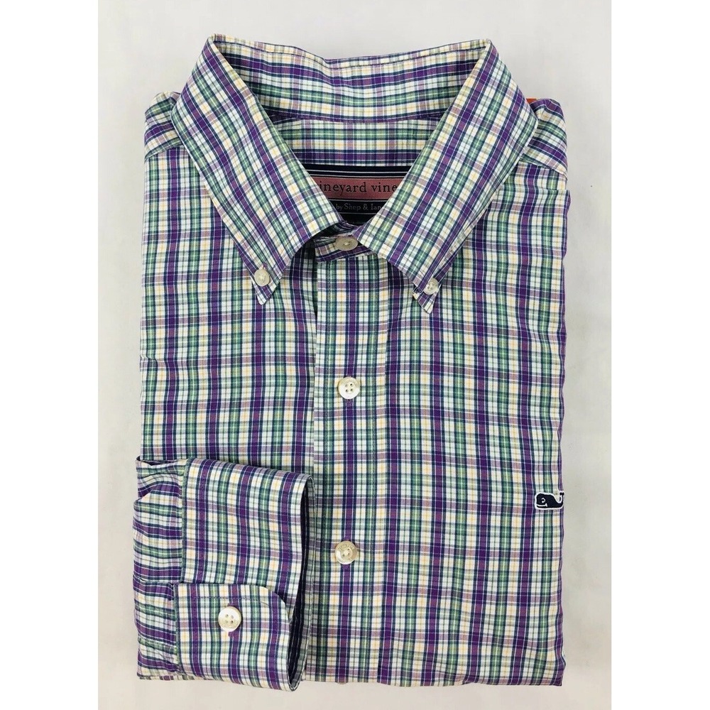 Vineyard Vines Purple Green Checked Whale Shirt Button Front Size Mens M EUC